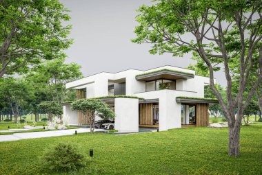 Park yeri ve havuzu satılık olan üç katlı bir ev. Ya da beton dış görünüş ve güzel peyzaj ile kiralanmış. Bulutlu beyaz gökyüzü bulutlu, yumuşak gölgeler