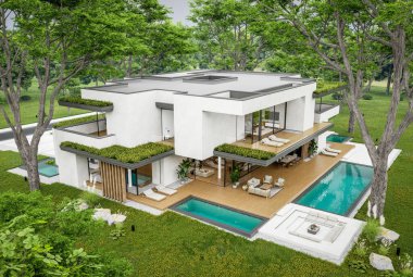 Park yeri ve havuzu satılık olan üç katlı bir ev. Ya da beton dış görünüş ve güzel peyzaj ile kiralanmış. Bulutlu beyaz gökyüzü bulutlu, yumuşak gölgeler