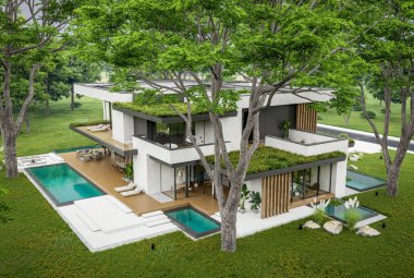 Park yeri ve havuzu satılık olan üç katlı bir ev. Ya da beton dış görünüş ve güzel peyzaj ile kiralanmış. Bulutlu beyaz gökyüzü bulutlu, yumuşak gölgeler