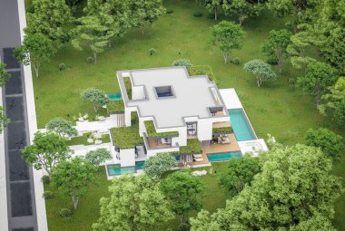 Park yeri ve havuzu satılık olan üç katlı bir ev. Ya da beton dış görünüş ve güzel peyzaj ile kiralanmış. Bulutlu beyaz gökyüzü bulutlu, yumuşak gölgeler