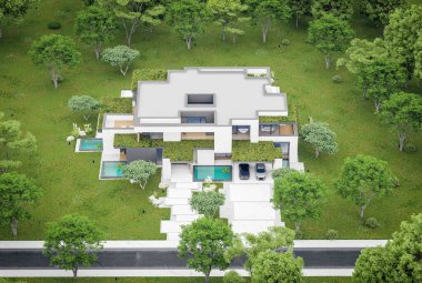 Park yeri ve havuzu satılık olan üç katlı bir ev. Ya da beton dış görünüş ve güzel peyzaj ile kiralanmış. Bulutlu beyaz gökyüzü bulutlu, yumuşak gölgeler