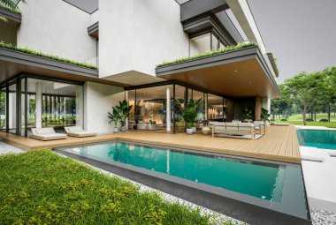 Park yeri ve havuzu satılık olan üç katlı bir ev. Ya da beton dış görünüş ve güzel peyzaj ile kiralanmış. Bulutlu beyaz gökyüzü bulutlu, yumuşak gölgeler