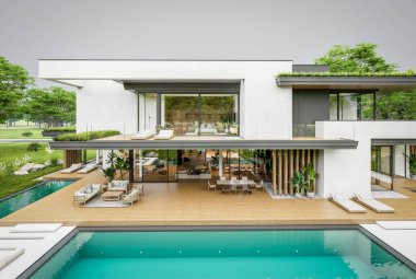 Park yeri ve havuzu satılık olan üç katlı bir ev. Ya da beton dış görünüş ve güzel peyzaj ile kiralanmış. Bulutlu beyaz gökyüzü bulutlu, yumuşak gölgeler