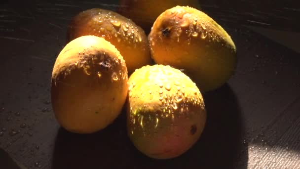 Studio Footage Fresh Mango Fruits Water Drops Dark — Stock Video