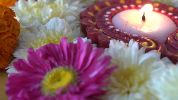 Burning Diwali Candle Flowers — Stock Video