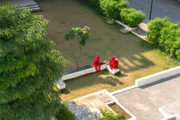 Aerial View Two Women Traditional Clothes Sitting Park — Stock Fotó