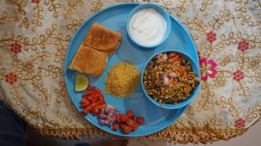 blue bowl of tasty and delicious food, close up view