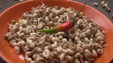 close up view of a bowl with sprouted soy with hot chilli pepper