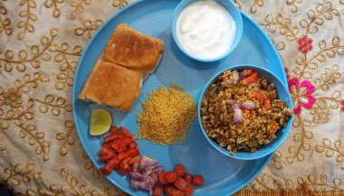 blue bowls of tasty and delicious food, close up view