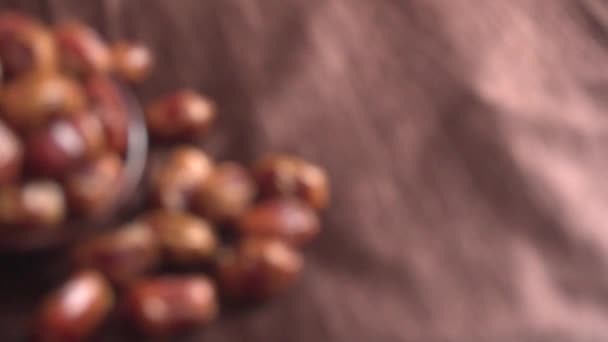 Defocused Footage Dried Dates Bowl Wooden Table — Wideo stockowe