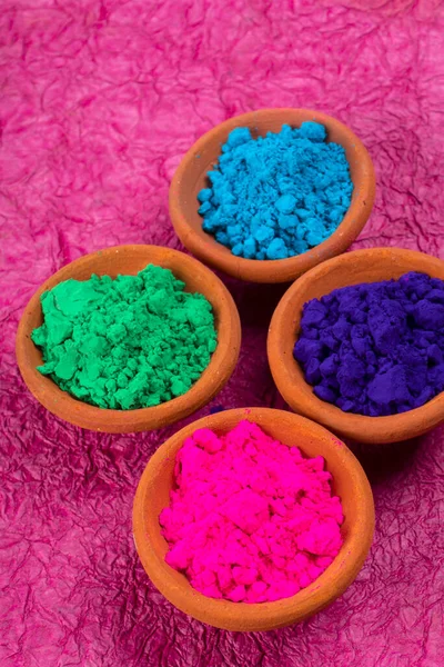 Pós Coloridos Para Holi Vasos Barro Por Ocasião Festival Indiano — Fotografia de Stock