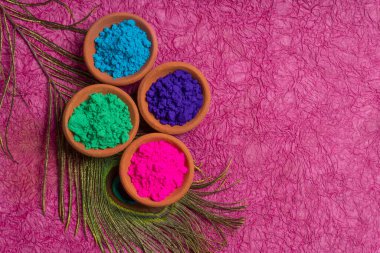 Hint renk festivali vesilesiyle kil kaplarda Holi için renkli tozlar. Tavus kuşu tüyleriyle mutlu Holi temalı çekimler.