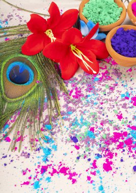 Hint renk festivali vesilesiyle kil kaplarda Holi için renkli tozlar. Tavus kuşu tüyleriyle mutlu Holi temalı çekimler.