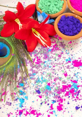 Hint renk festivali vesilesiyle kil kaplarda Holi için renkli tozlar. Tavus kuşu tüyleriyle mutlu Holi temalı çekimler.