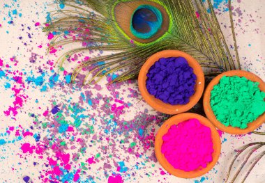 Hint renk festivali vesilesiyle kil kaplarda Holi için renkli tozlar. Tavus kuşu tüyleriyle mutlu Holi temalı çekimler.