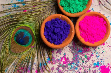 Hint renk festivali vesilesiyle kil kaplarda Holi için renkli tozlar. Tavus kuşu tüyleriyle mutlu Holi temalı çekimler.