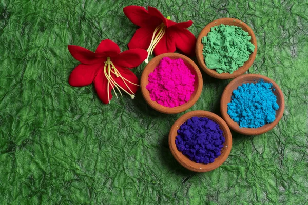Красочные Порошки Голи Глиняных Горшках Случаю Индийского Фестиваля Красок Счастливая — стоковое фото