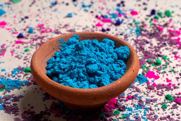 Polvo Azul Para Holi Maceta Arcilla Con Motivo Del Festival —  Fotos de Stock