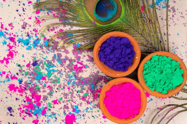 Colorful Powders Holi Clay Pots Occasion Indian Festival Colors Happy — Stock Photo, Image