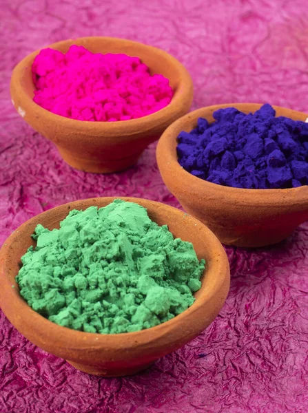 stock image Colorful powders for holi in clay pots on occasion of indian festival of colors. happy holi theme.