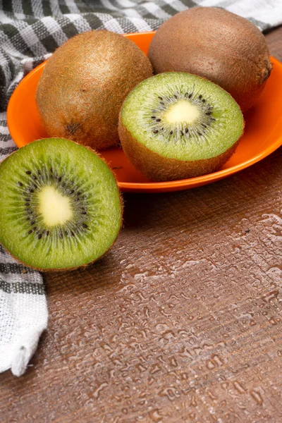 Fresh Kiwi Fruits Bowl Towel Wooden Surface — Stock Photo, Image