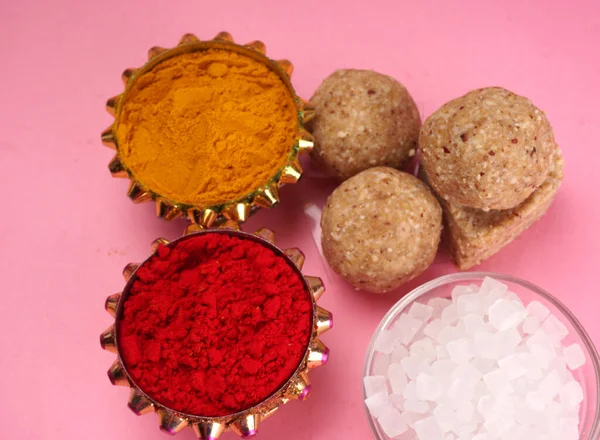 stock image Healthy sweet groundnut or peanut and Jaggery Ladoo with  Turmeric powder. Delicious indian sweets served on  background 