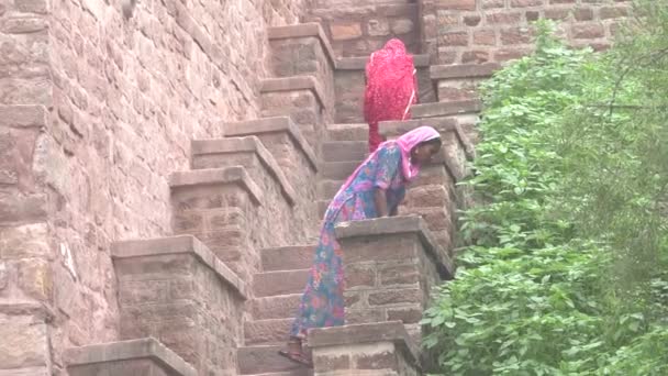 Mujeres Vestidos Limpieza Escaleras Piedra Aire Libre — Vídeo de stock