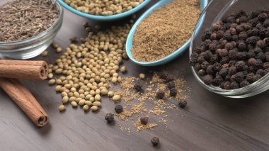Indian Spices and herbs on wooden background. Food and cuisine ingredients
