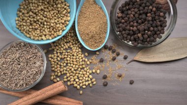 Indian Spices and herbs on wooden background. Food and cuisine ingredients