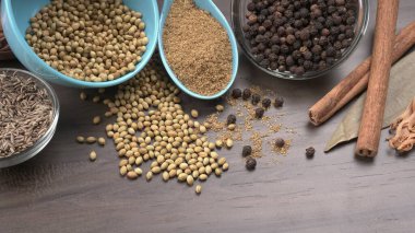 Indian Spices and herbs on wooden background. Food and cuisine ingredients