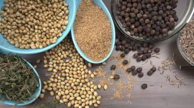 Indian Spices and herbs on wooden background. Food and cuisine ingredients