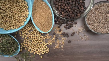 Indian Spices and herbs on wooden background. Food and cuisine ingredients