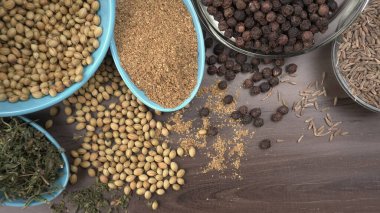 Indian Spices and herbs on wooden background. Food and cuisine ingredients