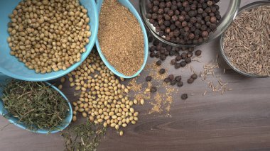 Indian Spices and herbs on wooden background. Food and cuisine ingredients