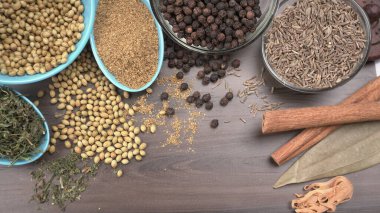 Indian Spices and herbs on wooden background. Food and cuisine ingredients