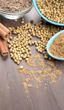 Indian Spices and herbs on wooden background. Food and cuisine ingredients