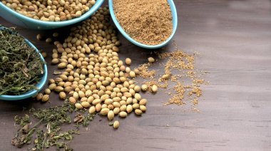 Indian Spices and herbs on wooden background. Food and cuisine ingredients