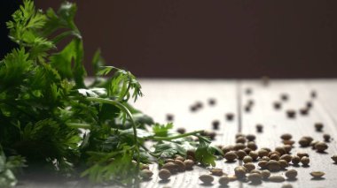 Kuru kişniş tohumları ile küçük bambu kaşığı ve yeşil taze kişniş yaprakları, Asya 'nın mutfağında bulunan ünlü baharatlar.
