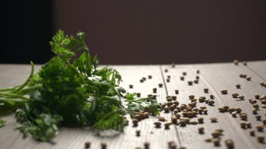 Kuru kişniş tohumları ile küçük bambu kaşığı ve yeşil taze kişniş yaprakları, Asya 'nın mutfağında bulunan ünlü baharatlar.