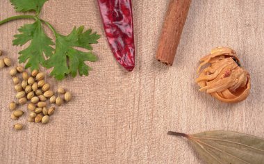 Indian Spices and herbs on wooden background. Food and cuisine ingredients