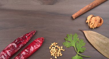 Indian Spices and herbs on wooden background. Food and cuisine ingredients