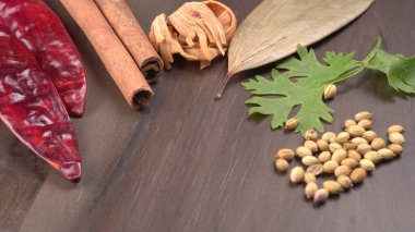 Indian Spices and herbs on wooden background. Food and cuisine ingredients