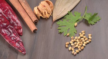 Indian Spices and herbs on wooden background. Food and cuisine ingredients
