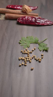Indian Spices and herbs on wooden background. Food and cuisine ingredients