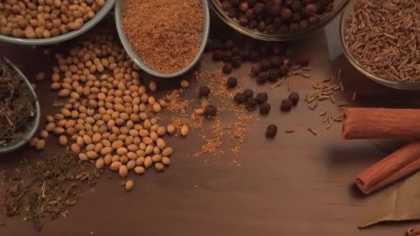 Indian Spices Herbs Wooden Background Food Cuisine Ingredients — Stock videók