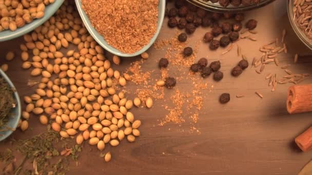 Indische Gewürze Und Kräuter Auf Holzgrund Lebensmittel Und Zutaten Der — Stockvideo