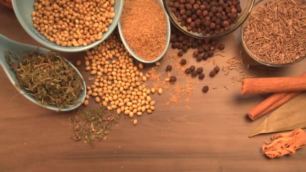 Indian Spices Herbs Wooden Background Food Cuisine Ingredients — Stock Video