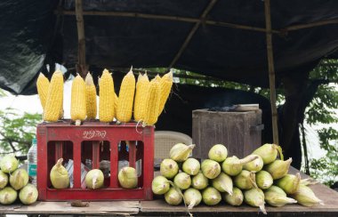 Markette mısır koçanları, Hindistan 'da sokak yemekleri. 