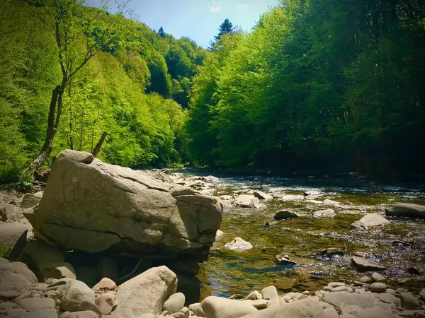 Dağ nehrinin kıyısında büyük bir kaya yığını.