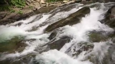 Taşların üzerinden hızla akan bir dağ nehri.